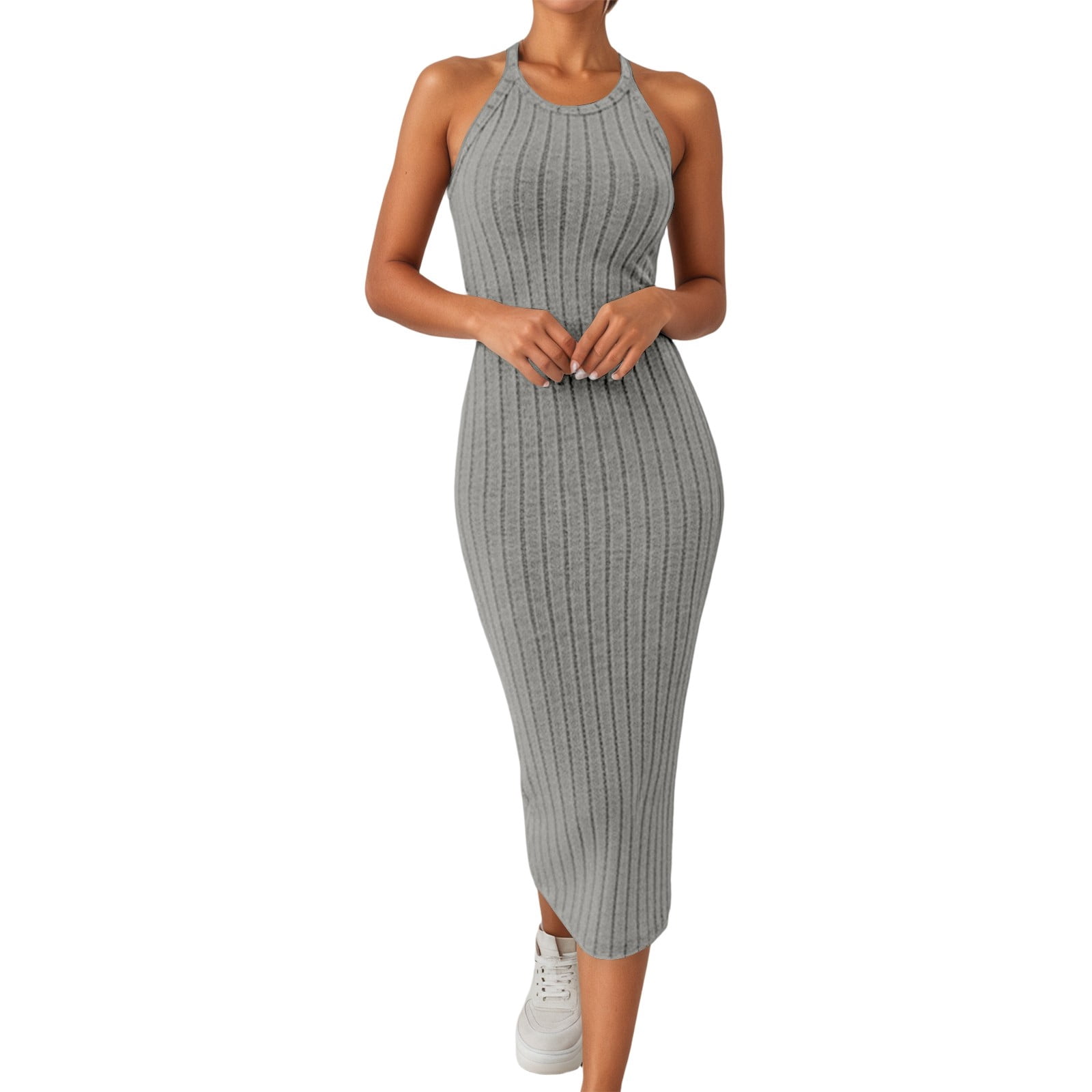 grey knit sleeveless dress IWRICH Long Bodycon Dresses for Women Casual Crewneck Stretchy Ribbed Summer Slim Fit Tank Dress L Neon Orange Dress