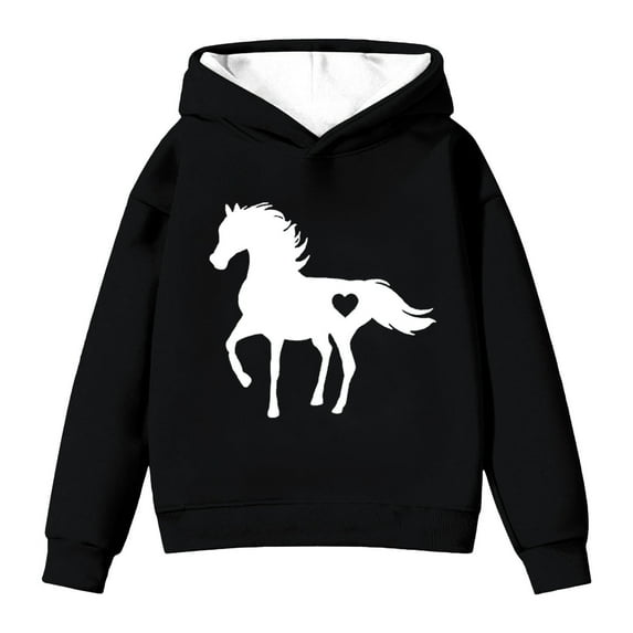 IWRICH Love Horse Hoodie for Girls Equestrian Horseback Riding Gift Idea Sweatshirt with Horses,Size 2-14 Years Black 150