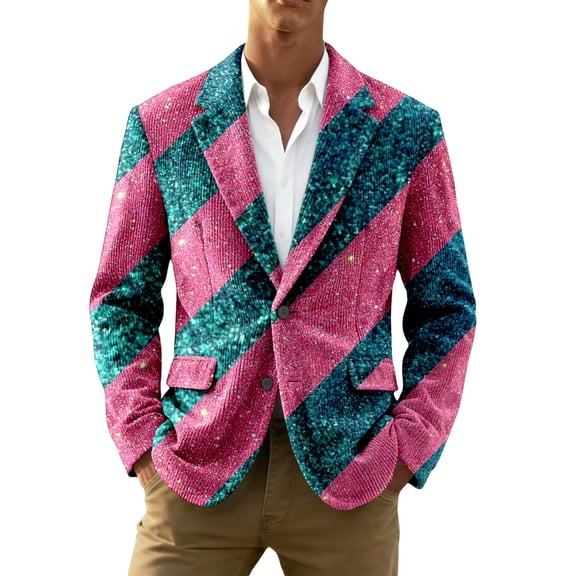 IWRICH Mardi Gras Blazer for Men Button Notched Lapel Suit Jacket Casual Rave Jackets Sports Coats Slim Fit Plus Size Blazer 04-Pink XXXL