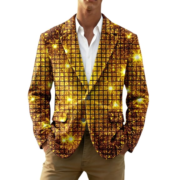 IWRICH Mardi Gras Blazer for Men Button Notched Lapel Suit Jacket Casual Rave Jackets Sports Coats Slim Fit Plus Size Blazer 15-Gold M
