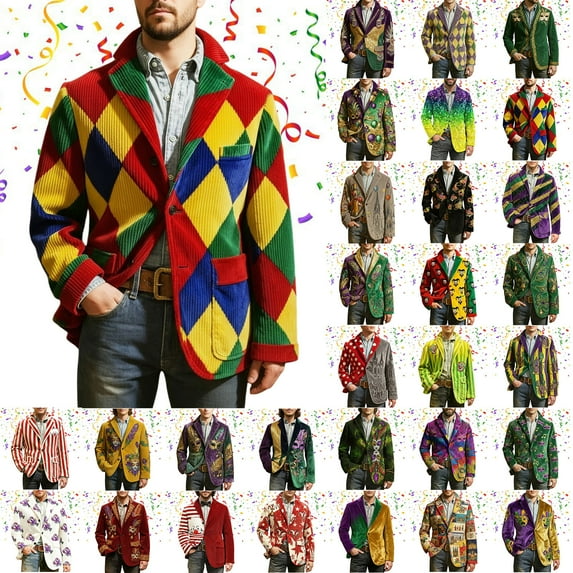 IWRICH Mardi Gras Corduroy Jacket for Men Holiday Blazer Outfits Plus Size Suit Sequin Printed Accessories Suits Cardigan Apparel 29-Yellow XL