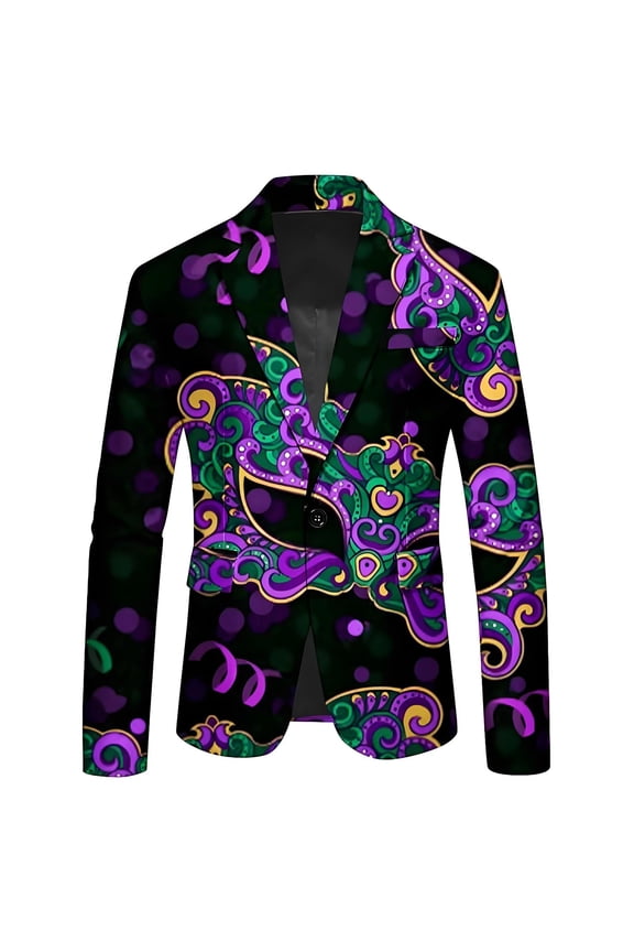 Mardi Gras Jackets for Men Carnival Printed Blazer Slim Long Sleeve Button down Suit Jackets Holiday Sport Coat 08-Purple XL