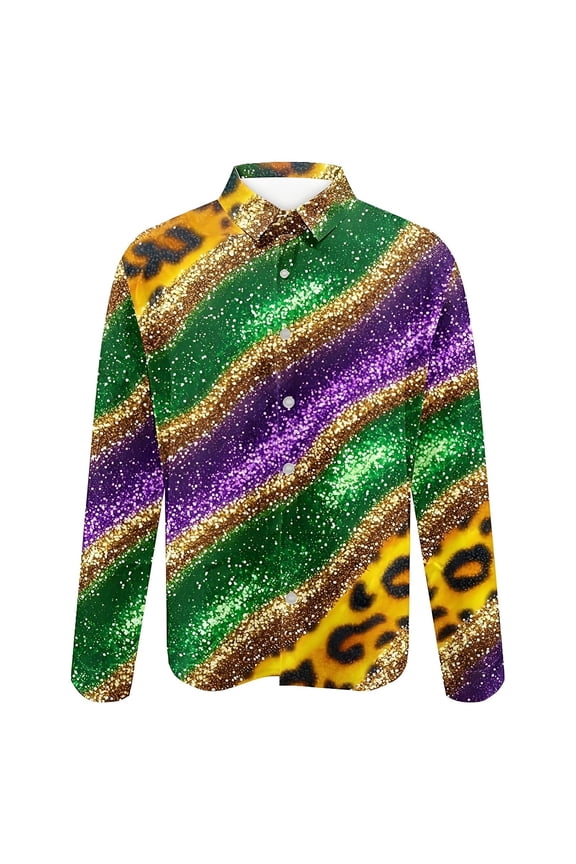 Mardi Gras Outfits for Men Long Sleeve Lapel Button down Shirts Funky Carnival Themed Party Casual Shirt 02-Green S