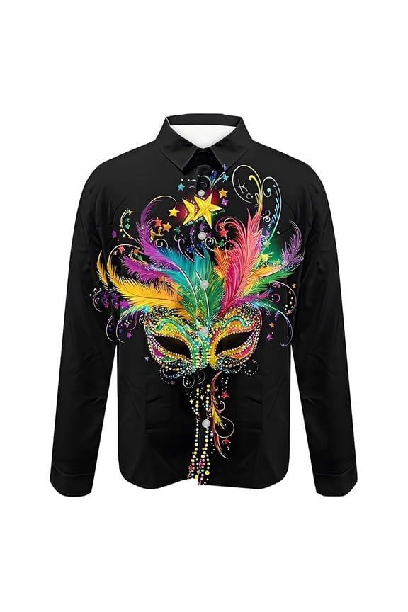 Mardi Gras Outfits for Men Long Sleeve Lapel Button down Shirts Funky Carnival Themed Party Casual Shirt 05-Black S