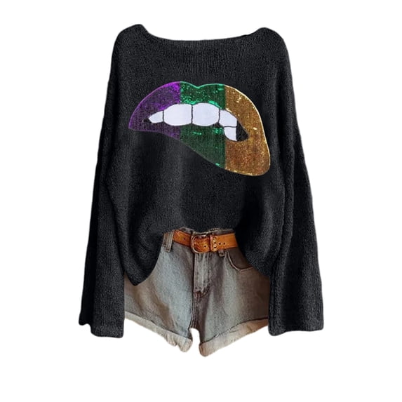 IWRICH Mardi Gras Shirts for Women Long Sleeve Crew Neck Lips Printed Sweatshirts Carnival Tops Spring Fashion Clothes Black S