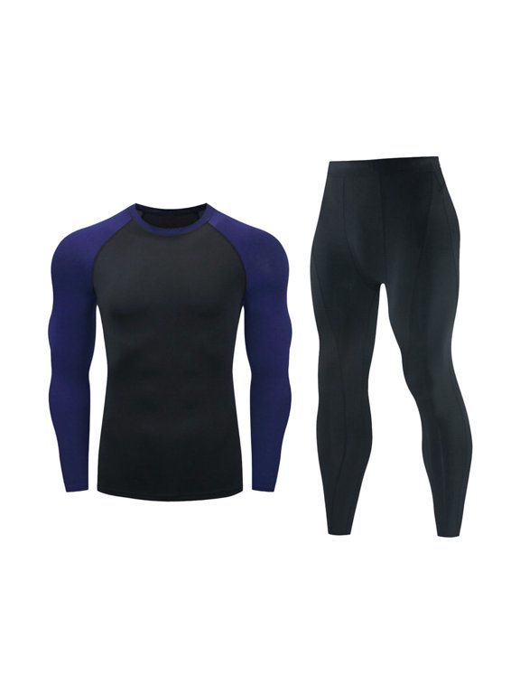 Men's 2 Piece Outfits Summer Long Athletic Shirt and Legging Base Layer Biking Long Johns for Winter Cycling Running Dark Blue XL