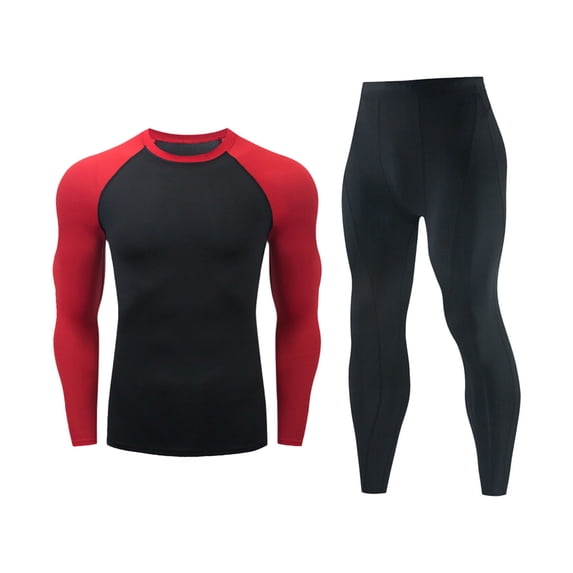 IWRICH Men's 2 Piece Outfits Summer Long Athletic Shirt and Legging Base Layer Biking Long Johns for Winter Cycling Running Red L