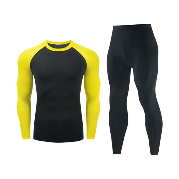 IWRICH Men's 2 Piece Outfits Summer Long Athletic Shirt and Legging Base Layer Biking Long Johns for Winter Cycling Running Yellow XL