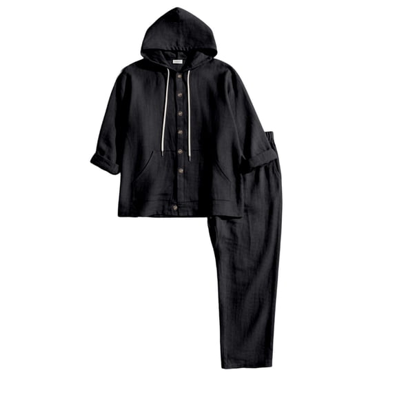 IWRICH Men's 2 Pieces Linen Set Casual Long Sleeve Button down Hoodies Beach Loose Fir Pants Summer Outfits Black S