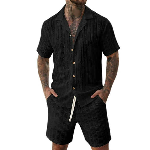 IWRICH Men's 2 Pieces Outfits Summer Beach Set Short Sleeve Button down Shirts and Shorts 2 Piece Loose Fit Hawaiians Sets Black L