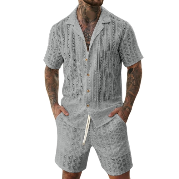 IWRICH Men's 2 Pieces Outfits Summer Beach Set Short Sleeve Button down Shirts and Shorts 2 Piece Loose Fit Hawaiians Sets Grey S