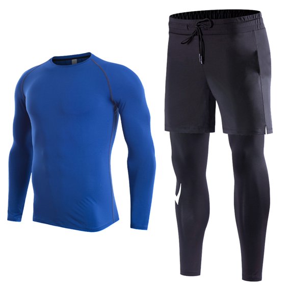 IWRICH Men's 2-in-1 Sports Pants with Pocket Slim Long Sleeve T Shirts Compression Athletic Workout Outfits 2 Piece Sets Blue XXXL