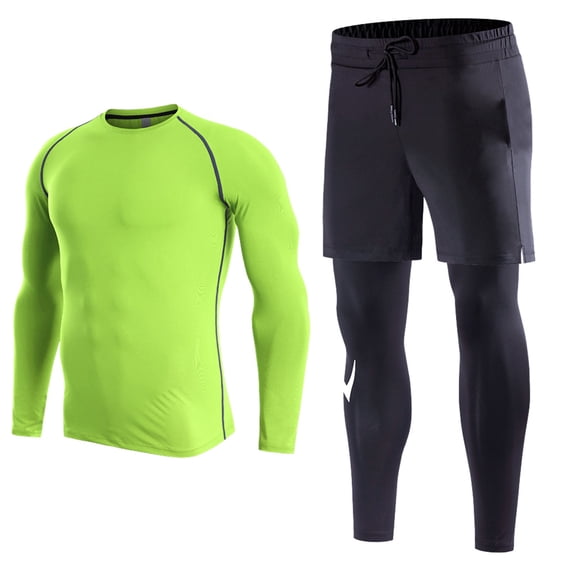 IWRICH Men's 2-in-1 Sports Pants with Pocket Slim Long Sleeve T Shirts Compression Athletic Workout Outfits 2 Piece Sets Green L
