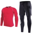 thumbnail image 1 of IWRICH Men's 2-in-1 Sports Pants with Pocket Slim Long Sleeve T Shirts Compression Athletic Workout Outfits 2 Piece Sets Red L, 1 of 5
