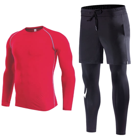 IWRICH Men's 2-in-1 Sports Pants with Pocket Slim Long Sleeve T Shirts Compression Athletic Workout Outfits 2 Piece Sets Red L