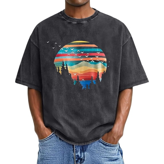 IWRICH Men's Acid Washed Casual Crew Neck Plus Size T Shirts Graphic Printed Short Sleeve Tshirts Casual Loose Fit Summer Oversize Tees Black XXXXXL