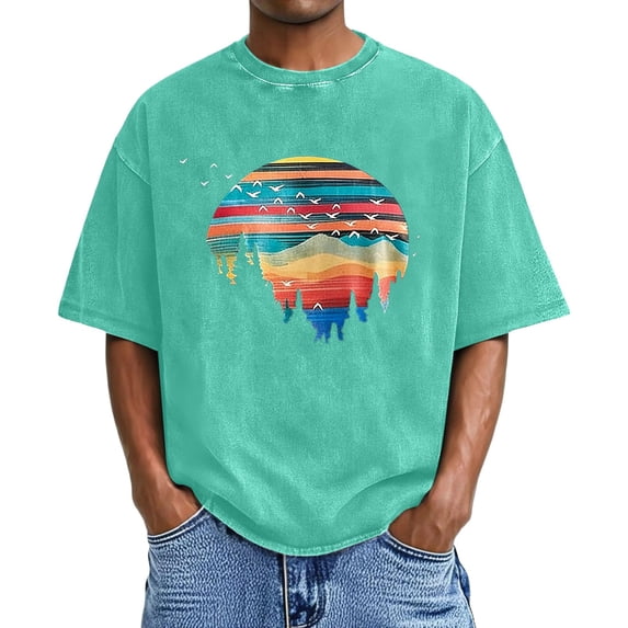IWRICH Men's Acid Washed Casual Crew Neck Plus Size T Shirts Graphic Printed Short Sleeve Tshirts Casual Loose Fit Summer Oversize Tees Green S