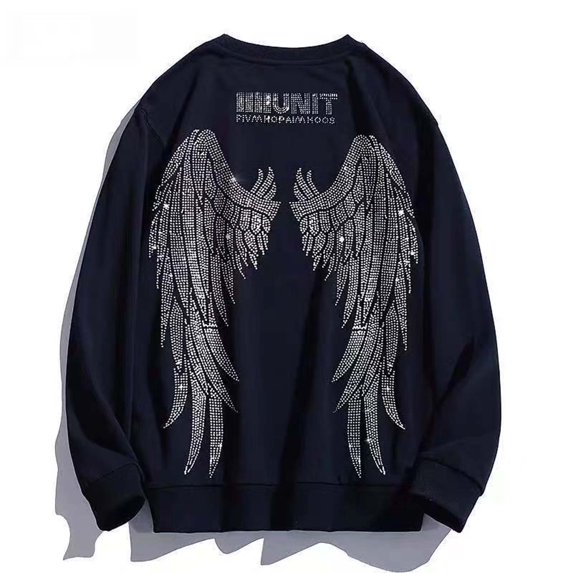 IWRICH Men's Angel Wings Crew Neck Sweatshirts Rhinestones Streetwear Oversized Pullover Tops Graphic Fashion Tees Black M