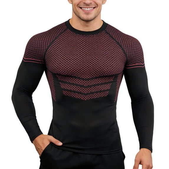 IWRICH Men's Athletic Long Sleeve Stretch Compression Shirts T-Shirt Running Workout Tops Baselayer Red XL