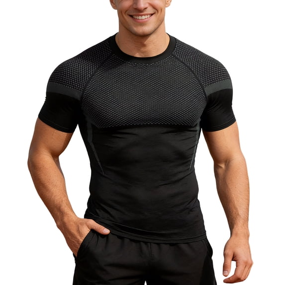 IWRICH Men's Athletic Short Sleeve Stretch Compression Shirts T-Shirt Running Workout Tops Baselayer Black M