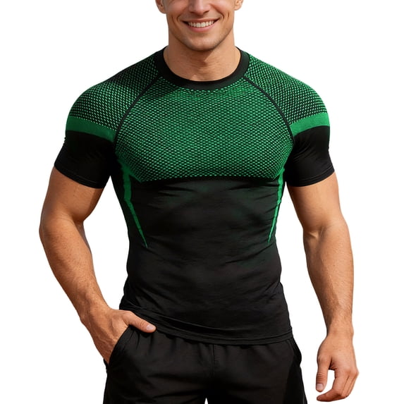 IWRICH Men's Athletic Short Sleeve Stretch Compression Shirts T-Shirt Running Workout Tops Baselayer Green XXXL