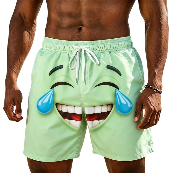 IWRICH Men's Board Shorts Funny Face Printed Elastic Drawstring Waist Swim Trunks Summer Casual Beach Resort Stretch Bathing Suits Light Green L