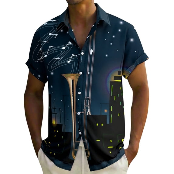 IWRICH Men's Bowling Shirt 1950s Retro Rockabilly Style Short Sleeve Button down Music Hawaiian Shirts 02-Navy S