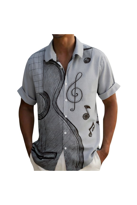 Men's Bowling Shirt 1950s Retro Rockabilly Style Short Sleeve Button down Music Hawaiian Shirts 03-Grey M