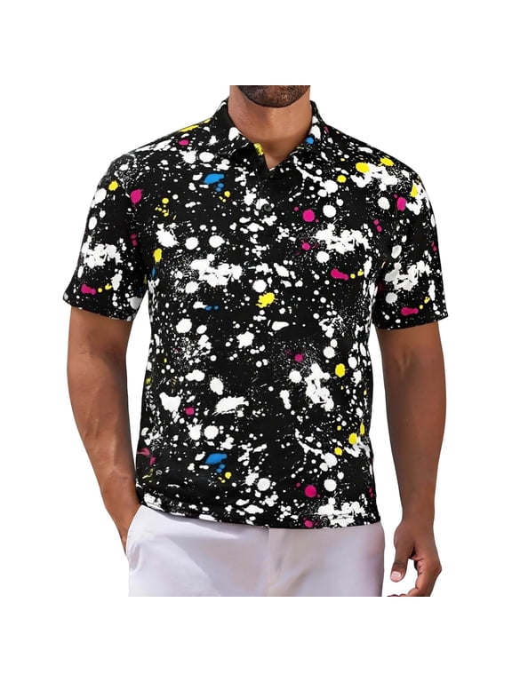 Men's Button up Short Sleeve Polo Shirt Collared Athletic Tennis Shirts Graphic Printed Casual Summer Tees 05-Black M