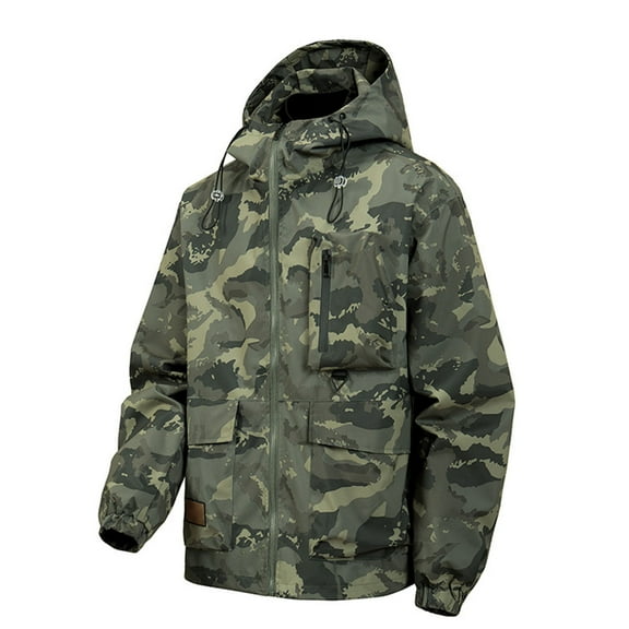 IWRICH Men's Camo Water-Resistant Windproof Rain Jacket 4 Pockets Outdoor Windbreaker Relaxed Fit for Spring&fall Army Green XL