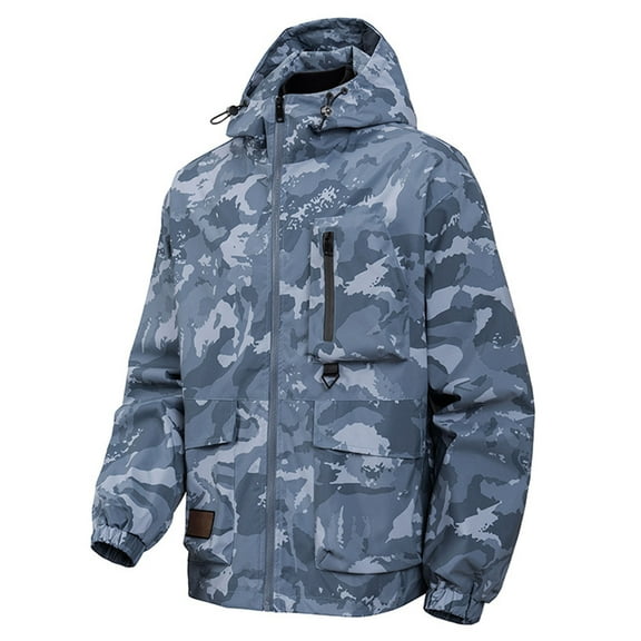 IWRICH Men's Camo Water-Resistant Windproof Rain Jacket 4 Pockets Outdoor Windbreaker Relaxed Fit for Spring&fall Blue XS