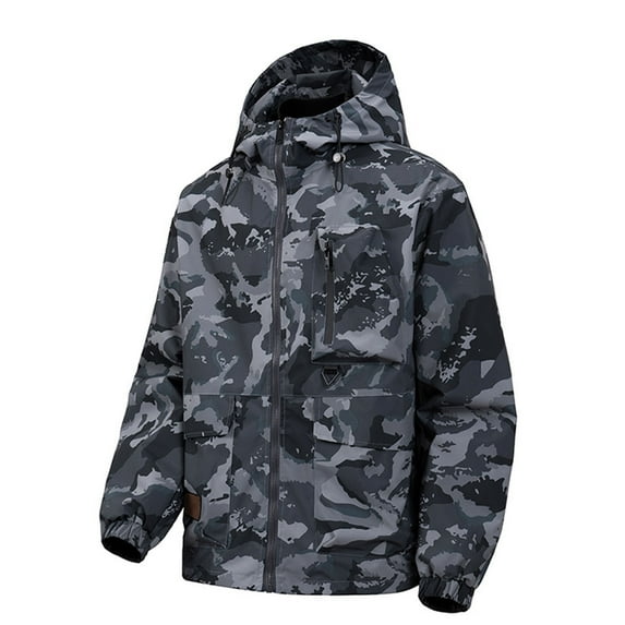 IWRICH Men's Camo Water-Resistant Windproof Rain Jacket 4 Pockets Outdoor Windbreaker Relaxed Fit for Spring&fall Dark Gray M