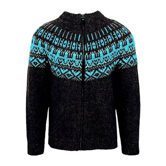 IWRICH Men's Cardigan Sweaters Stand Collar Cable Thick Knitted Full Zip Sweater with Pattern Black XL