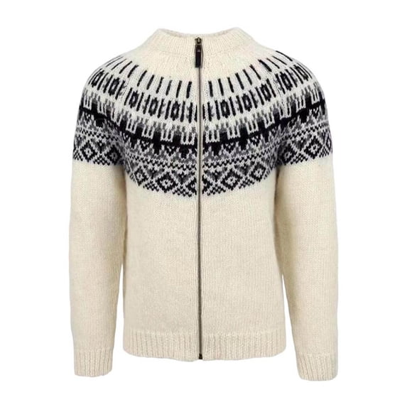 IWRICH Men's Cardigan Sweaters Stand Collar Cable Thick Knitted Full Zip Sweater with Pattern White L