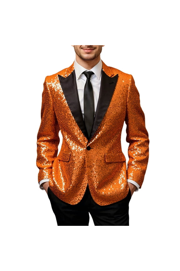 Men's Carnival Sequin Blazers Slim Fit Shiny Tuxedo Suit Jackets Shawl Collar Dinner Blazer Disco Coats for Prom Party Orange XXXXL