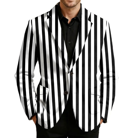 IWRICH Men's Carnival Strip Printed Corduroy Blazer Mardi Gras Casual Plus Size Suit Jacket Rave Holiday Party Stage Coat Black L