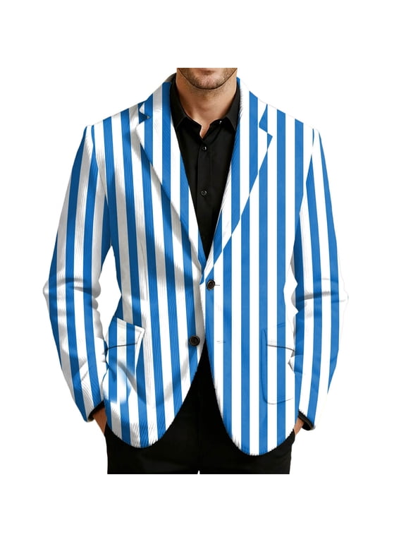 Men's Carnival Strip Printed Corduroy Blazer Mardi Gras Casual Plus Size Suit Jacket Rave Holiday Party Stage Coat Blue1 L