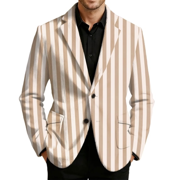 IWRICH Men's Carnival Strip Printed Corduroy Blazer Mardi Gras Casual Plus Size Suit Jacket Rave Holiday Party Stage Coat Khaki M