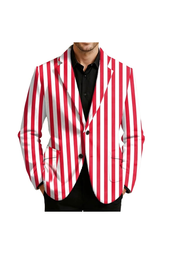 Men's Carnival Strip Printed Corduroy Blazer Mardi Gras Casual Plus Size Suit Jacket Rave Holiday Party Stage Coat Red XL