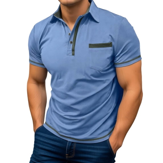 IWRICH Men's Casual Polo Shirts Classic Short Sleeve Button up Shirt Fashion Summer Basic Tops with Pocket Sky Blue XL