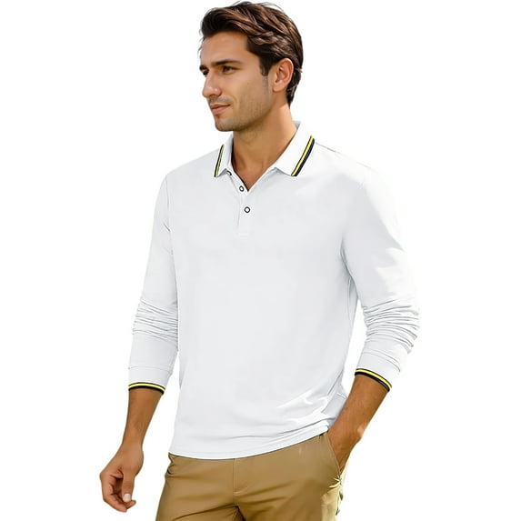 IWRICH Men’s Casual Polo Shirts Long Sleeve Button up Collared Pullover Tops Business Classic Workwear White M