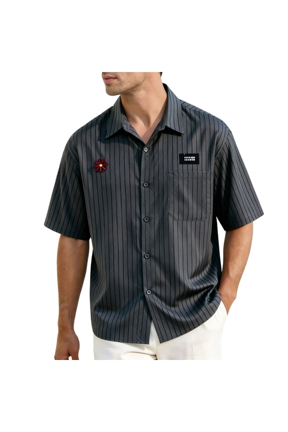 Men's Casual Retro Striped Short Sleeve Button down Shirts Summer Regular Fit Casual Tops with Pockets Grey L