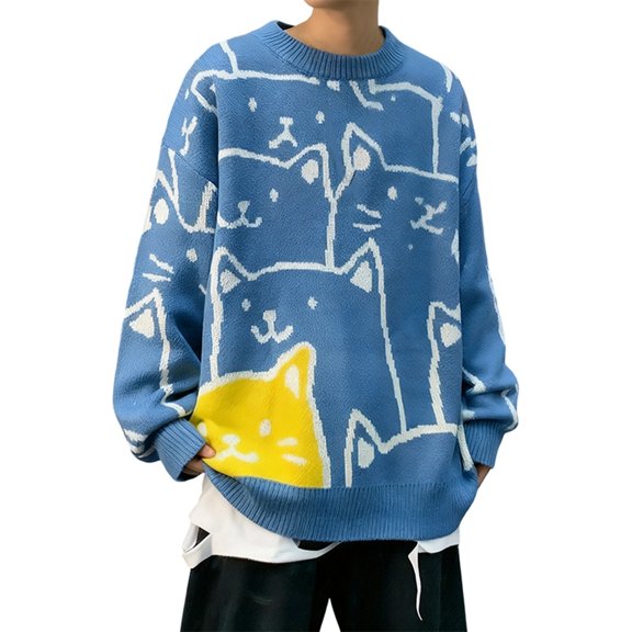 IWRICH Men's Cat Graphic Sweater Japanese Gothic Knit Outwear Crew Neck Clothing Cute Y2k Long Sleeve Tops Blue XL