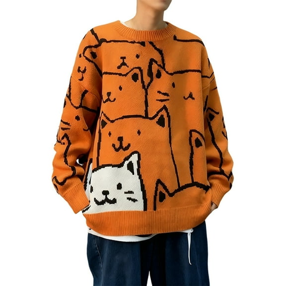 IWRICH Men's Cat Graphic Sweater Japanese Gothic Knit Outwear Crew Neck Clothing Cute Y2k Long Sleeve Tops Orange L