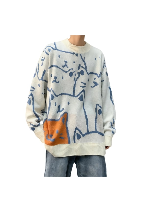 Men's Cat Graphic Sweater Japanese Gothic Knit Outwear Crew Neck Clothing Cute Y2k Long Sleeve Tops White XL