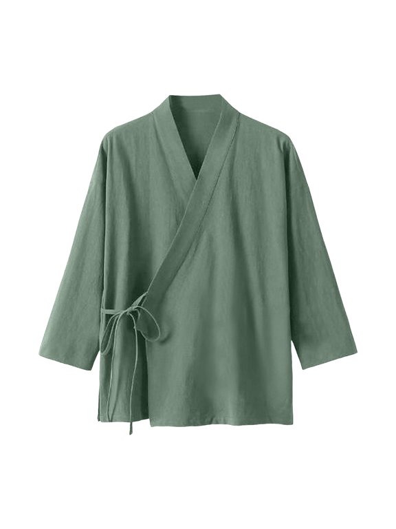 Men's Chinese Style Linen Cardigan Jacket Loose Kimono Jacket Solid Color Self-Tie Hanfu Traditional Clothing Green M