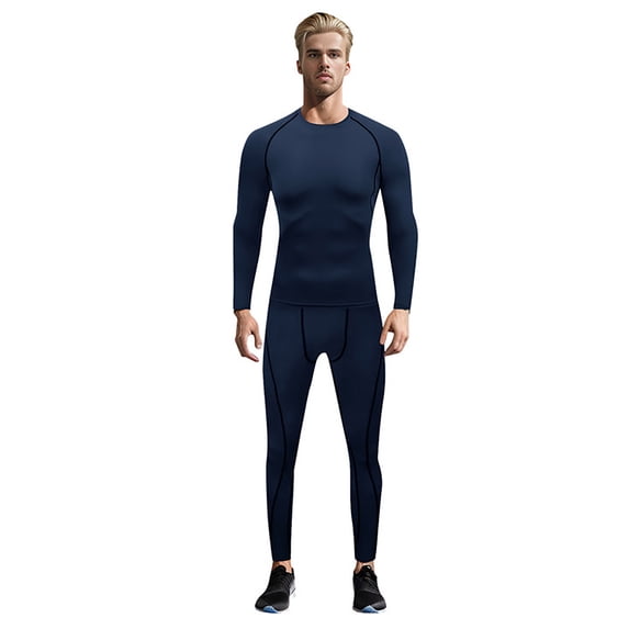 IWRICH Men's Compression Outfits Cool Long Sleeve Athletic Sets 2 Piece Sports Base Layer Workout Leggings Navy L