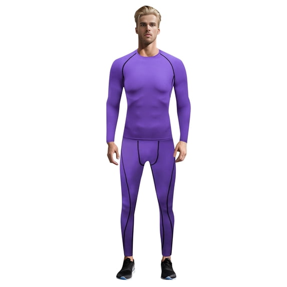 IWRICH Men's Compression Outfits Cool Long Sleeve Athletic Sets 2 Piece Sports Base Layer Workout Leggings Purple XXL
