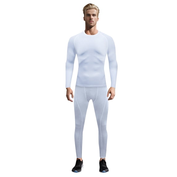 IWRICH Men's Compression Outfits Cool Long Sleeve Athletic Sets 2 Piece Sports Base Layer Workout Leggings White XL