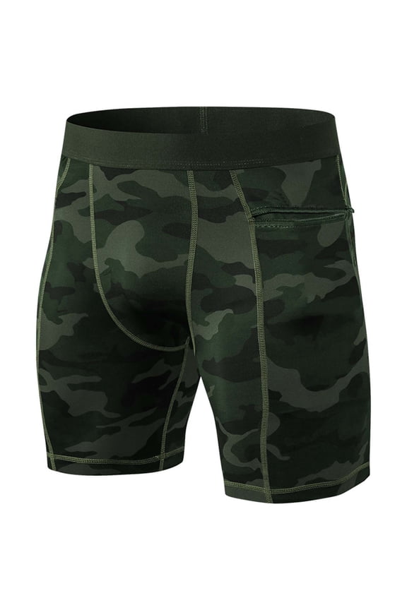 Men's Compression Shorts Running Workout Shorts Cool Underwear Shorts Tights with Zipper Pocket Army Green M